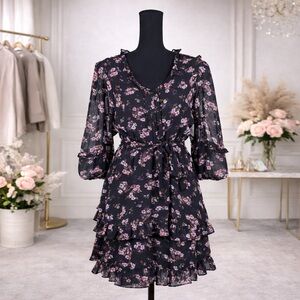 CeCe Black Mini Dress with Pink Floral Print